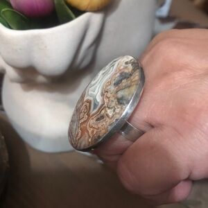 Round Sterling Silver Agate Statement Ring - Brown & Gray